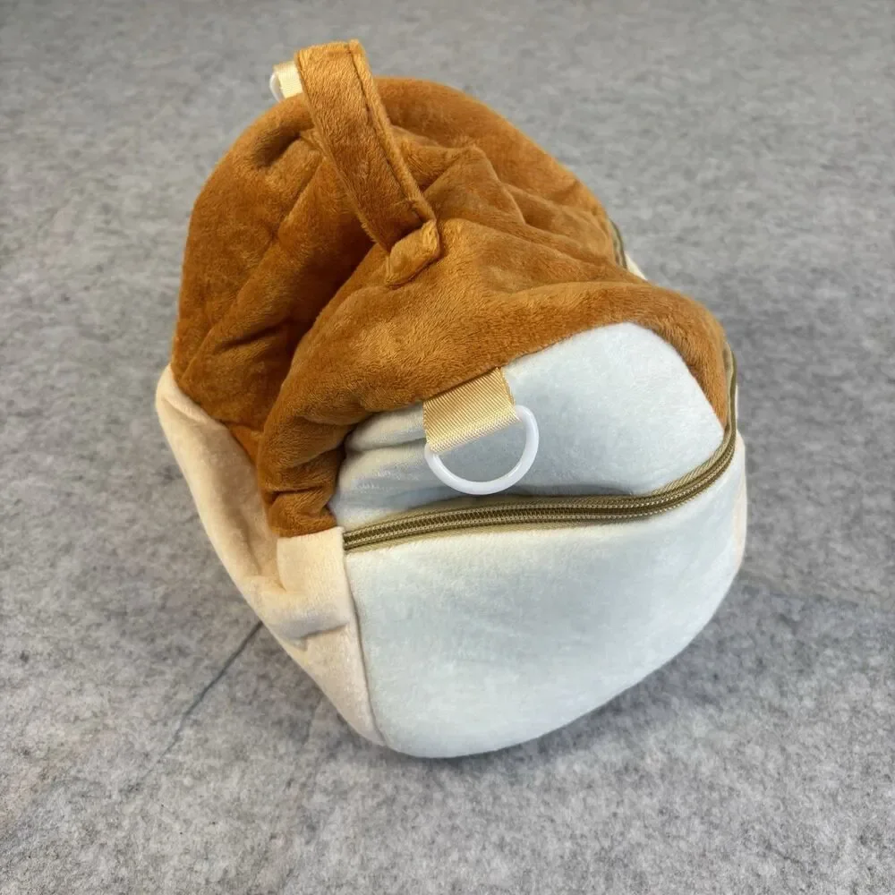 Plush Fuzzy Fleece Brown Beige Collapsible Zip Closure Makeup Bag 10